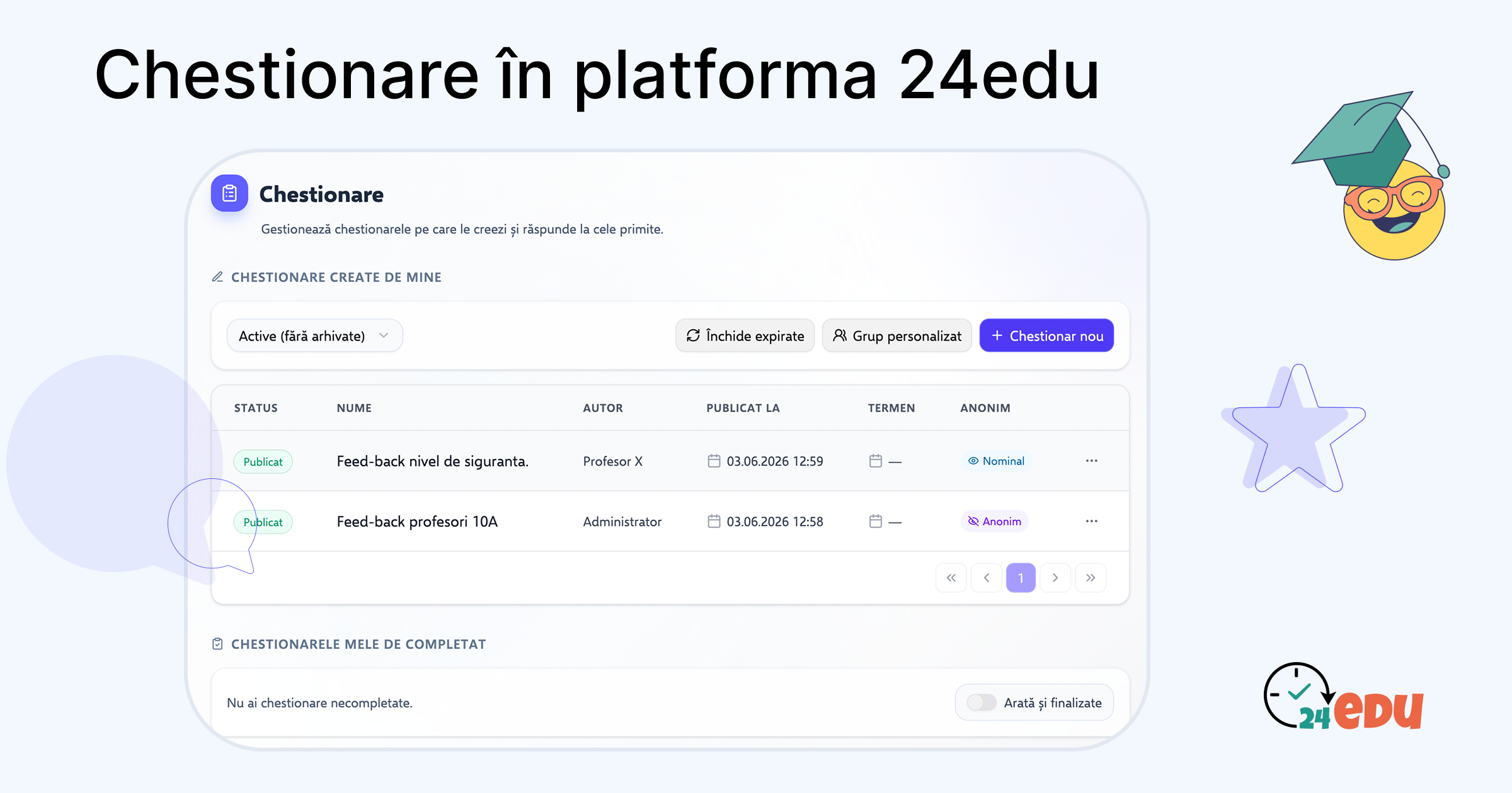 Chestionare în 24edu: feedback, teste și sondaje direct în platformă